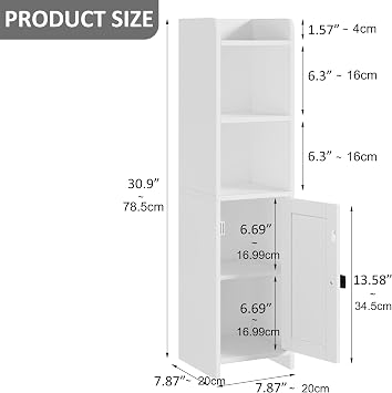 Lomojo Small Bathroom Storage Cabinet Corner, 20x20x78cm, White | Freestanding Narrow Toilet Paper Holder, Organizers for Bathroom Small Spaces Floor Cabinet with Adjustable Shelves and Door