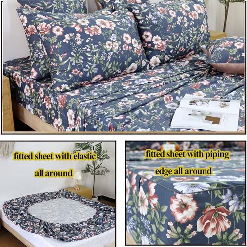 Image of FADFAY Sheets Set King Vintage Dark Blue Floral Bedding Shabby Peony Floral Sheets Navy French Country Farmhouse Bedding 800 Thread Count 100% Egyptian Cotton Deep Pocket Fitted Sheet 4Pcs, King Size