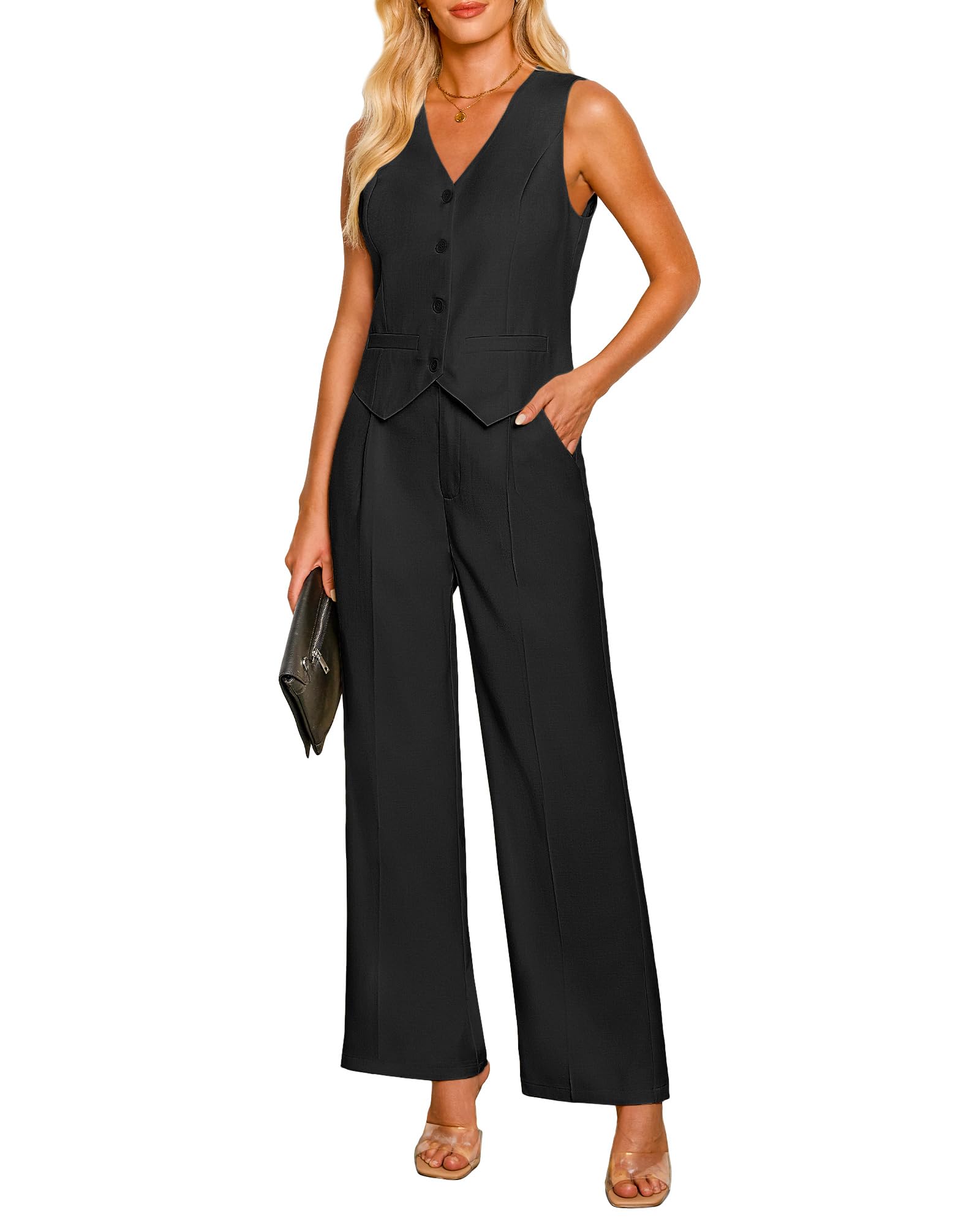 luvamia Pant Suits for Women Dressy Casual 2 Piece Sets Sleeveless Blazer Vest with High Rise Wide Leg