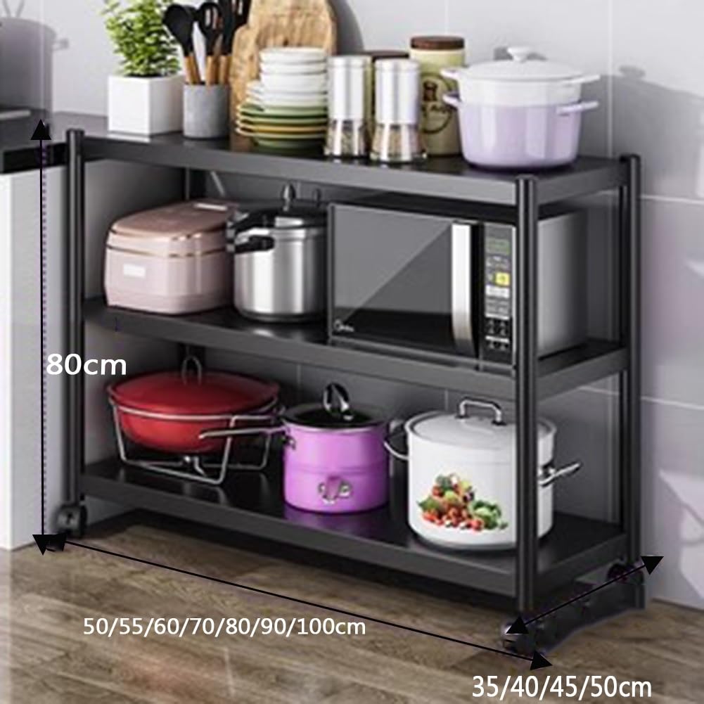 Küchenregal-Aufbewahrungsregal mit Topflappen, Mikrowellenständer, Robustes Metallregal, Schwarz, 80 x 40 x 80 cm (Schwarz, 90 x 35 x 80 cm)