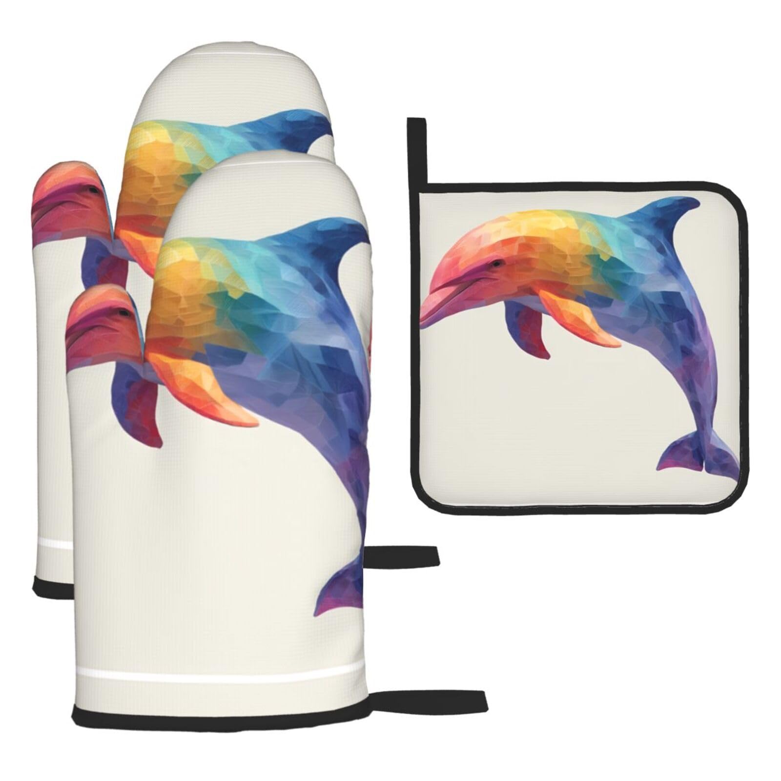 Painted Dolphin Printed Oven Mitt Set 3-Piece | Heat Resistant Gloves & Pot Holder Mat for Cooking, Baking & BBQ