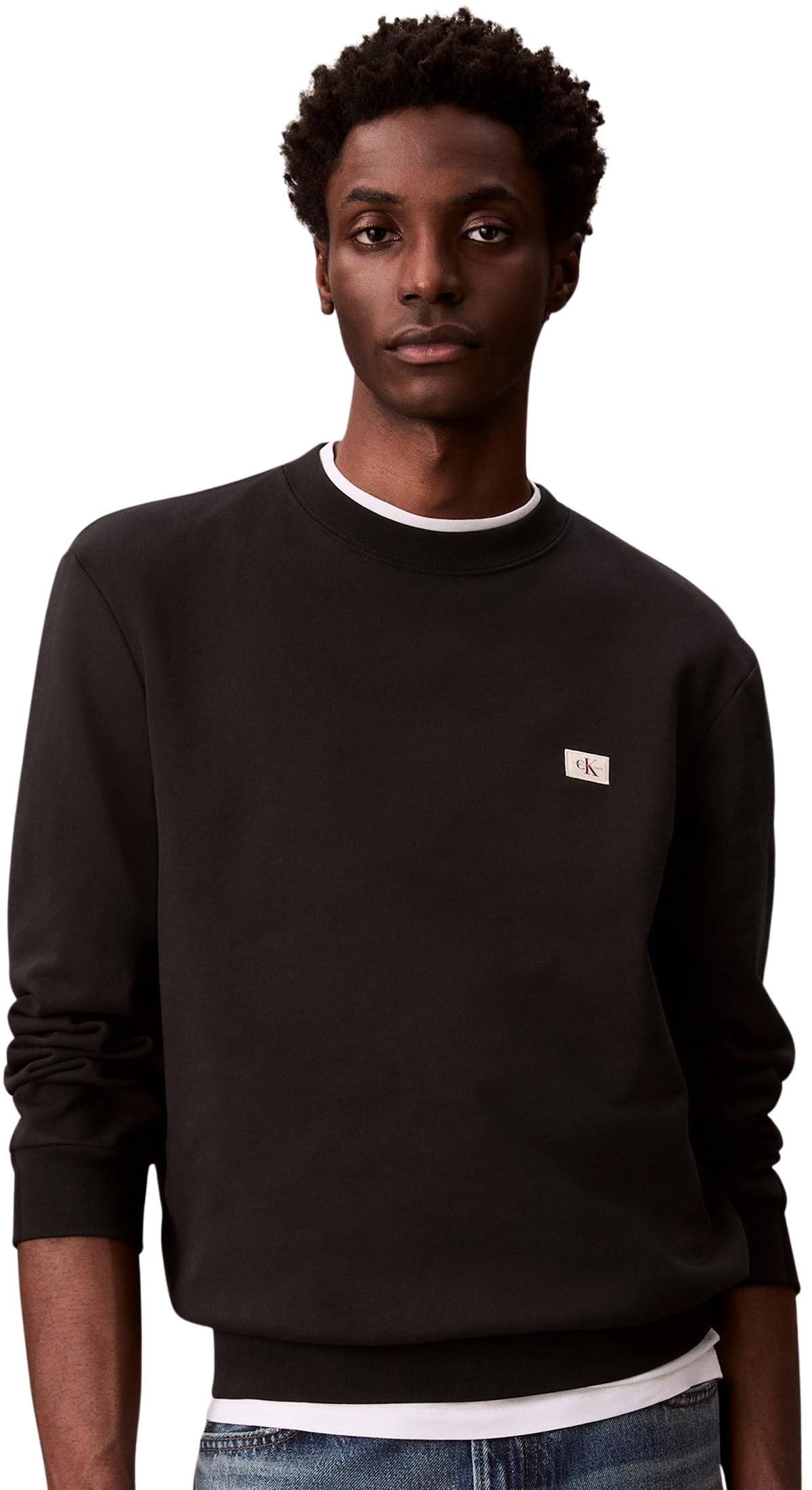 Calvin Klein Uomo Felpa Terry Badge Con Scollo Rotondo, Nero (Black), L-image