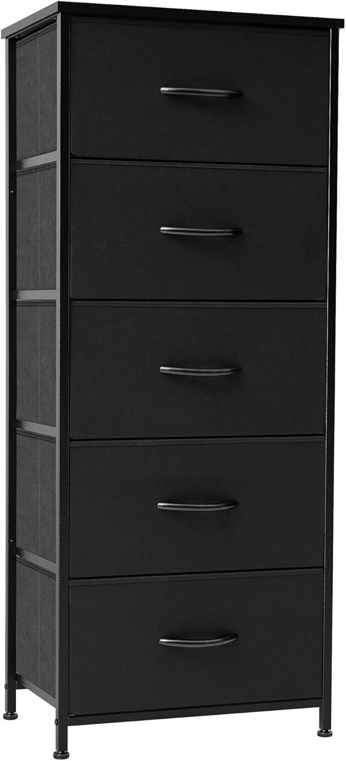 Similar to stock…Crestlive Products Vertical Dresser Storage Tower - Sturdy Steel Frame, Wood Top, Easy Pull Fabric Bins, Wood Handles - Organizer Unit for Bedroom, Hallway, Entryway, Closets - 5 Drawers (Black) Black 17.7\"x11.8\"x46.1\"