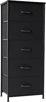 Crestlive Products Vertical Dresser Storage Tower - Sturdy Steel Frame, Wood Top, Easy Pull Fabric Bins - Organizer Unit for Bedroom, Hallway, Entryway, Closets - 5 DrawersBlack