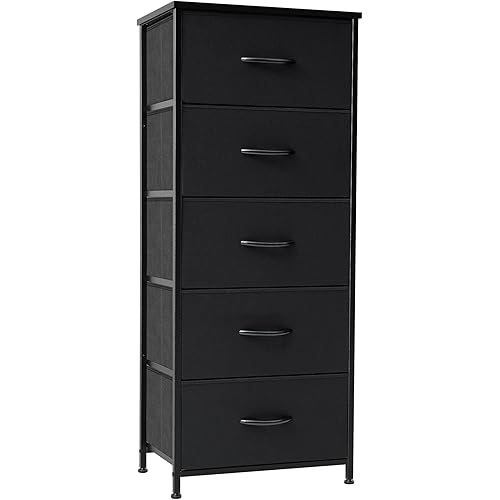 Crestlive Products Vertical Dresser Storage Tower - Sturdy Steel Frame, Wood Top, Easy Pull Fabric Bins - Organizer Unit for Bedroom, Hallway, Entryway, Closets - 5 Drawers(Black)