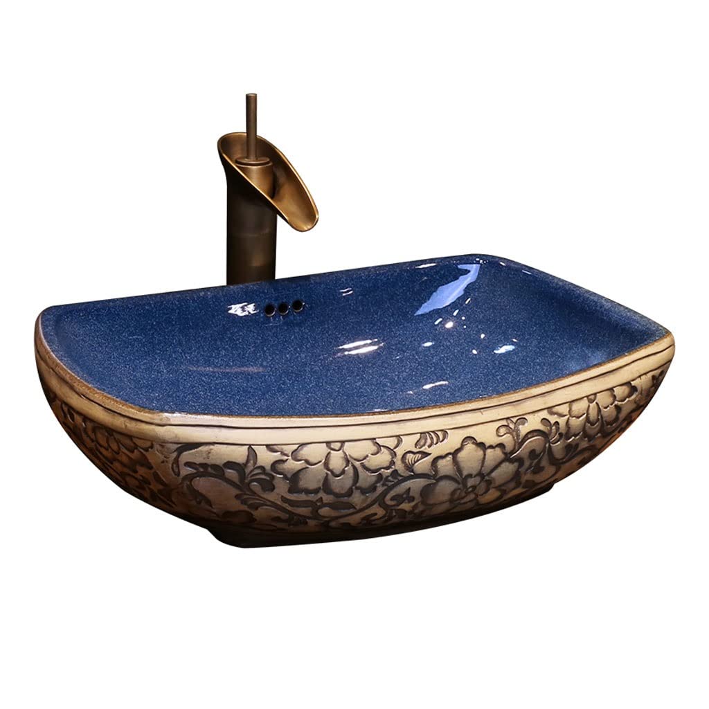 AYCDL Vanity Sink Basin Bathroom Sink Rectangular Ceramic Washbasin Vintage Art Countertop Basin Vanity Vessel Sink with Faucet Bathroom Vanity