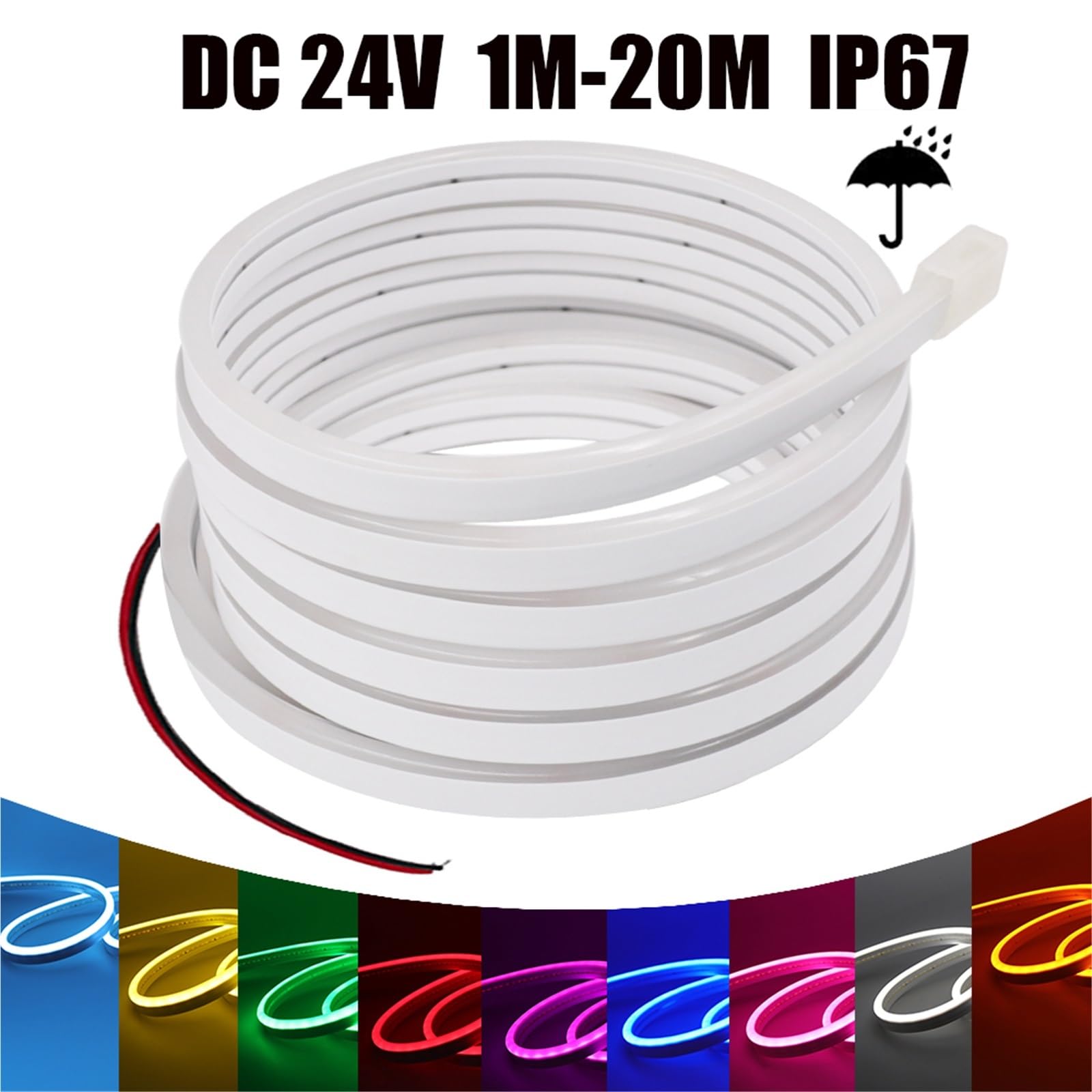 Tira de neón DC 24 V 0,5-20 m, impermeable IP67, multicolor, retroiluminación de TV, manguera de silicona flexible para el hogar (blanco, 9 m)