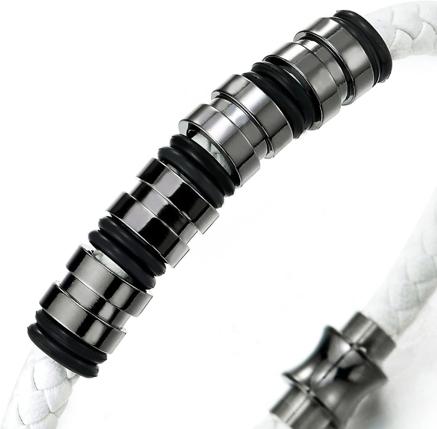 COOLSTEELANDBEYOND Mens Women White Braided Leather Bangle Bracelet with Stainless Steel Bead String and Magnetic Clasp - Image 2