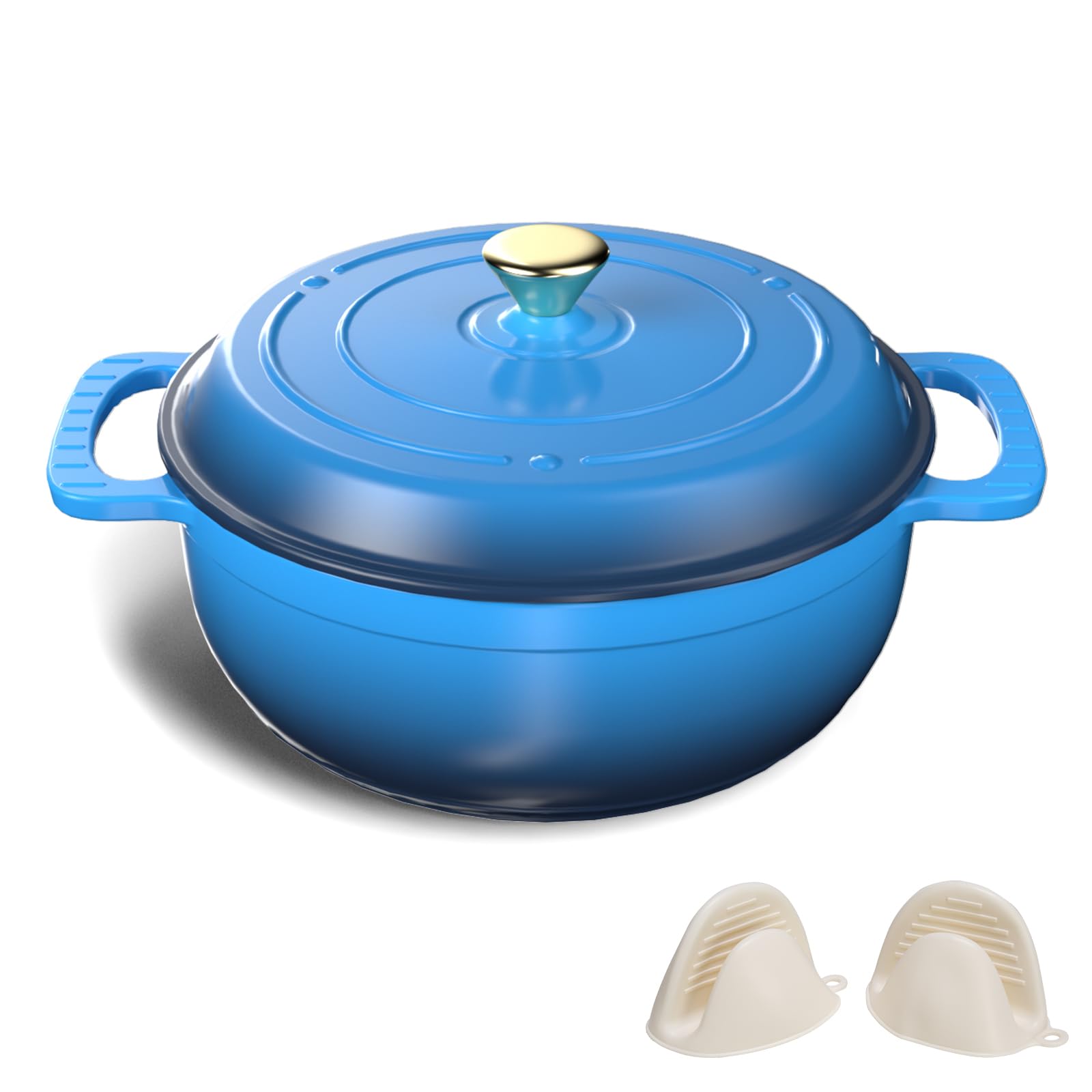 Bonnlo Enameled Cast Iron Round Pot, 27cm/5.6L Dutch Oven Cookware with Lid, Silicone Gloves, Heavy-Duty Pre-Seasoned Cookware for Bread Baking, Braising, Stews, Roasting - Blue, 6QT