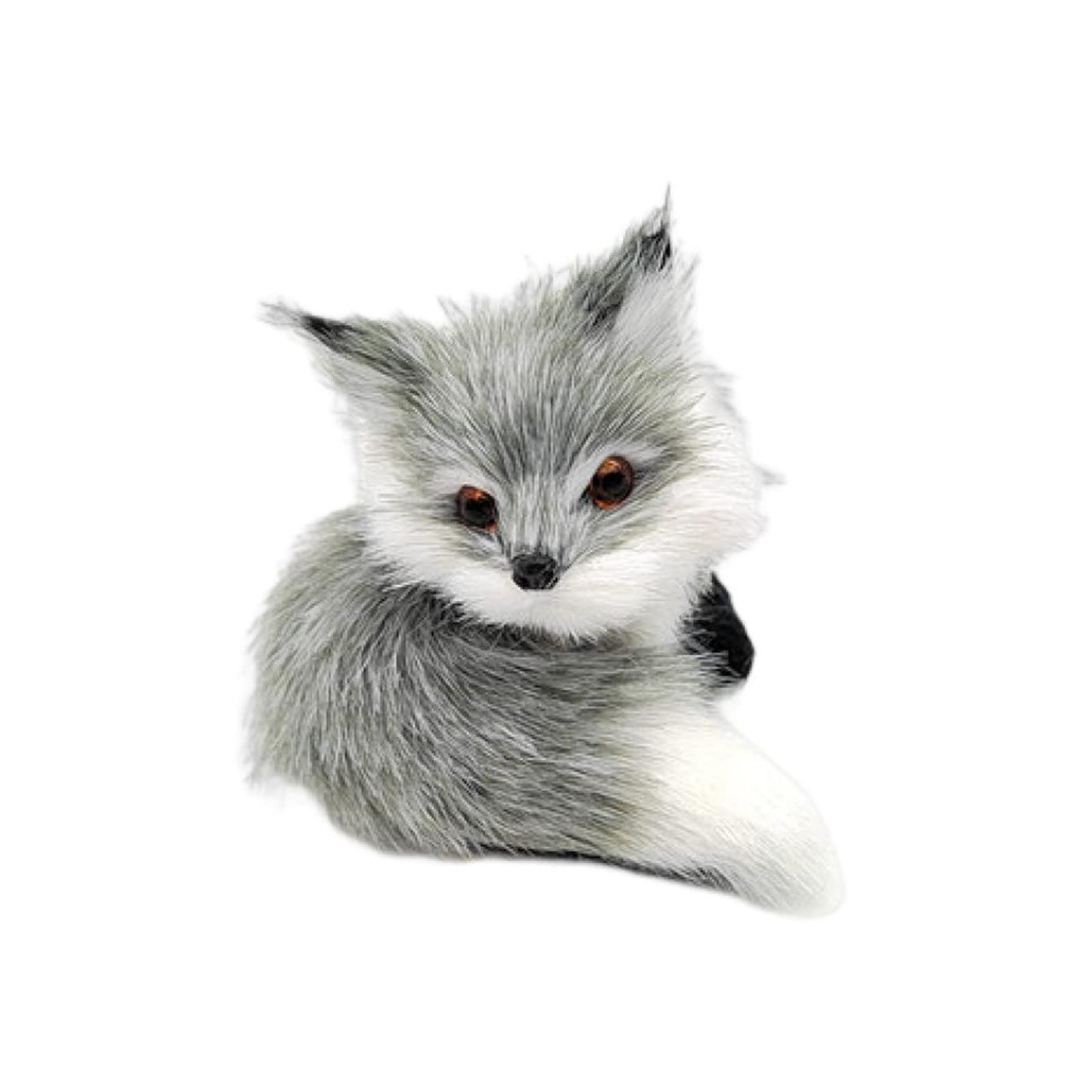 Cute Simulation Fox Lovely Realistic Mini Animal Figure Plush Toy Ornament Plastic Faux Fur Fox Figurines Animal Model Ornament Car Decoration Christmas Birthday Gifts, Grey D