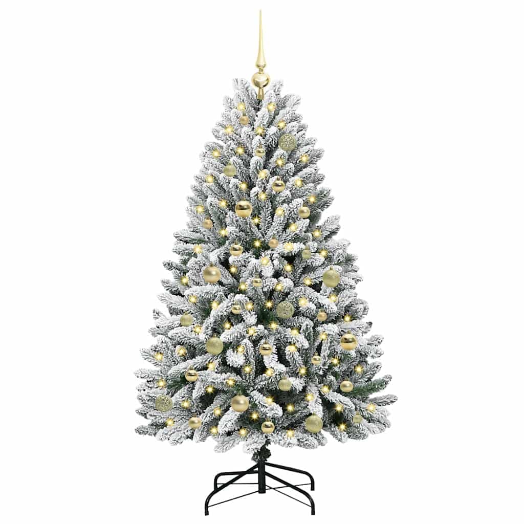 Sztuczna choinka, 150 cm, zielono-biała, PCW i metal, z 150 diodami LED o ciepłej białej barwie, do użytku wewnątrz i na zewnątrz, w zestawie zestaw kul