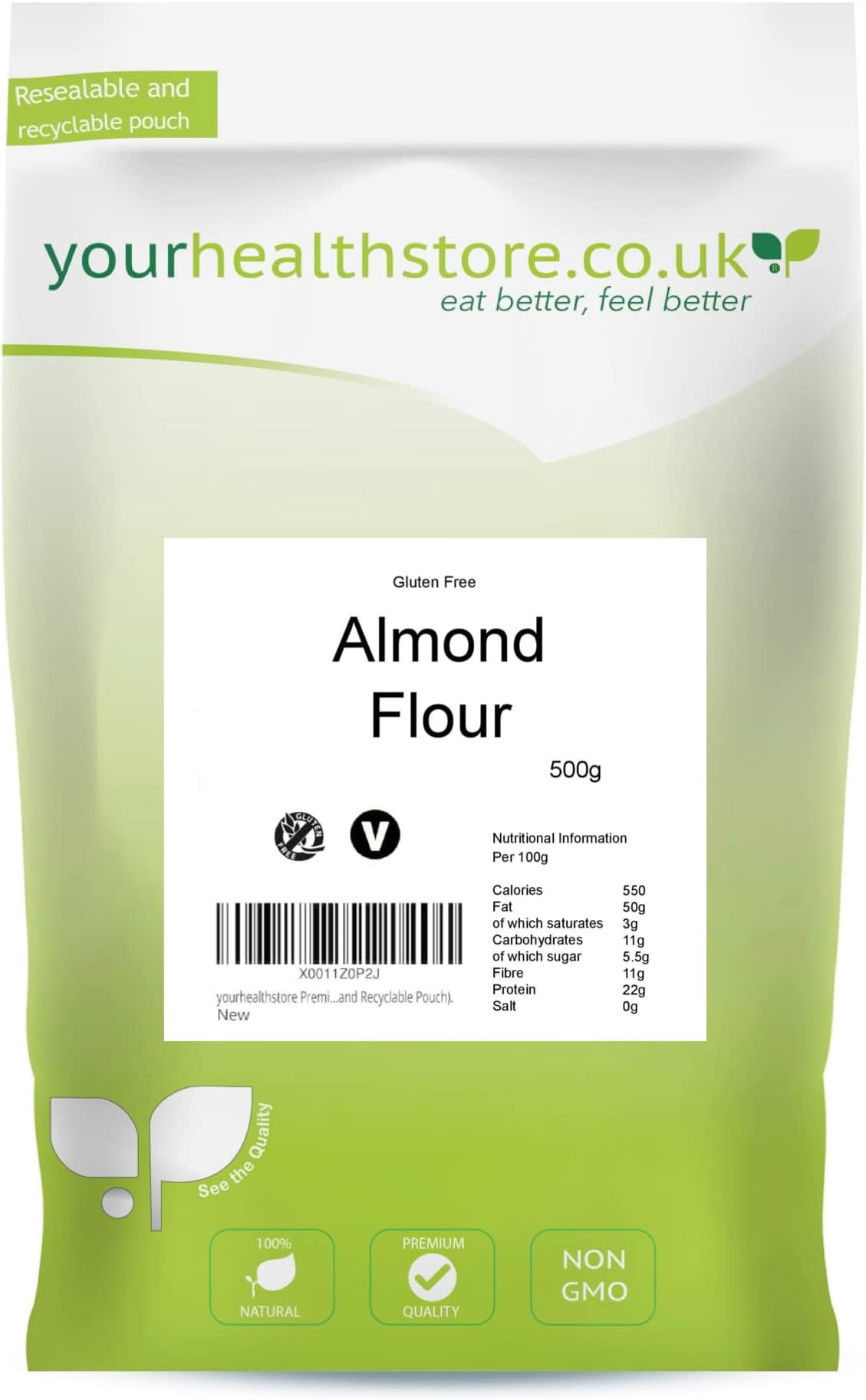 yourhealthstore® Premium, Gluten Free, Finely Ground Almond Flour 500g, Non GMO, Keto, From Spain (Resealable and Recyclable Pouch).