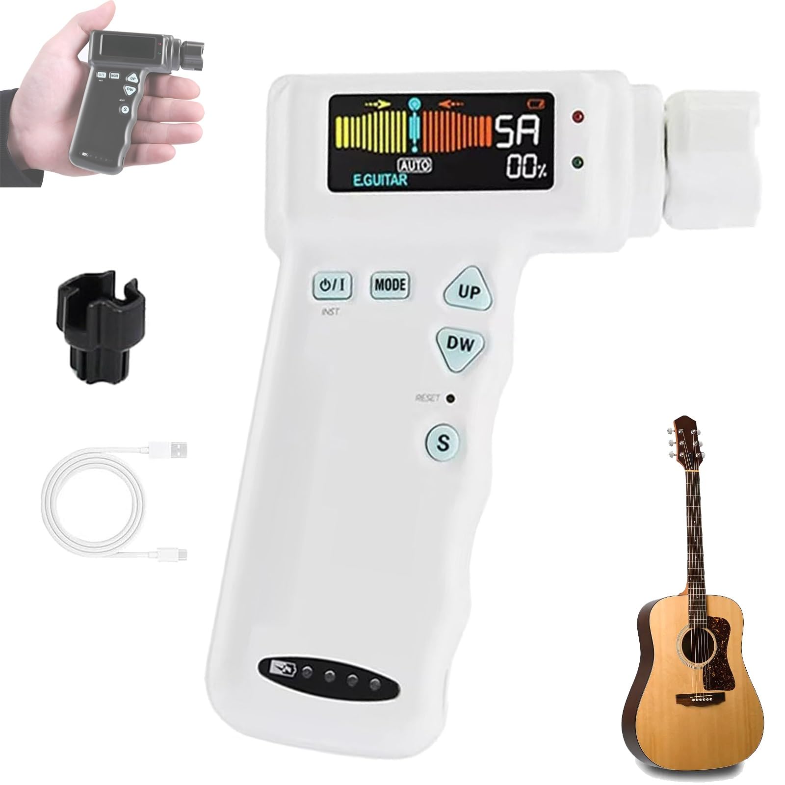Afinador de guitarra, afinador eléctrico automático con pantalla LCD, afinador profesional de guitarra acústica y eléctrica, batería de litio integrada, incluye bobinador de guitarra