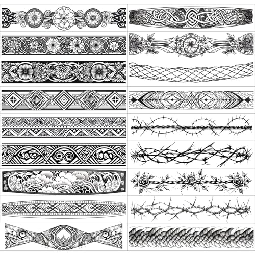 GLARYYEARS Arm Band Temporary Tattoo - 18 Pack Super Long size, Realistic & Boho Polynesian Maori Style Fake Tattoos, ArmBand Tattoos for Wrist, Ankle Circle, Barbed Wire, Tribal and Totem