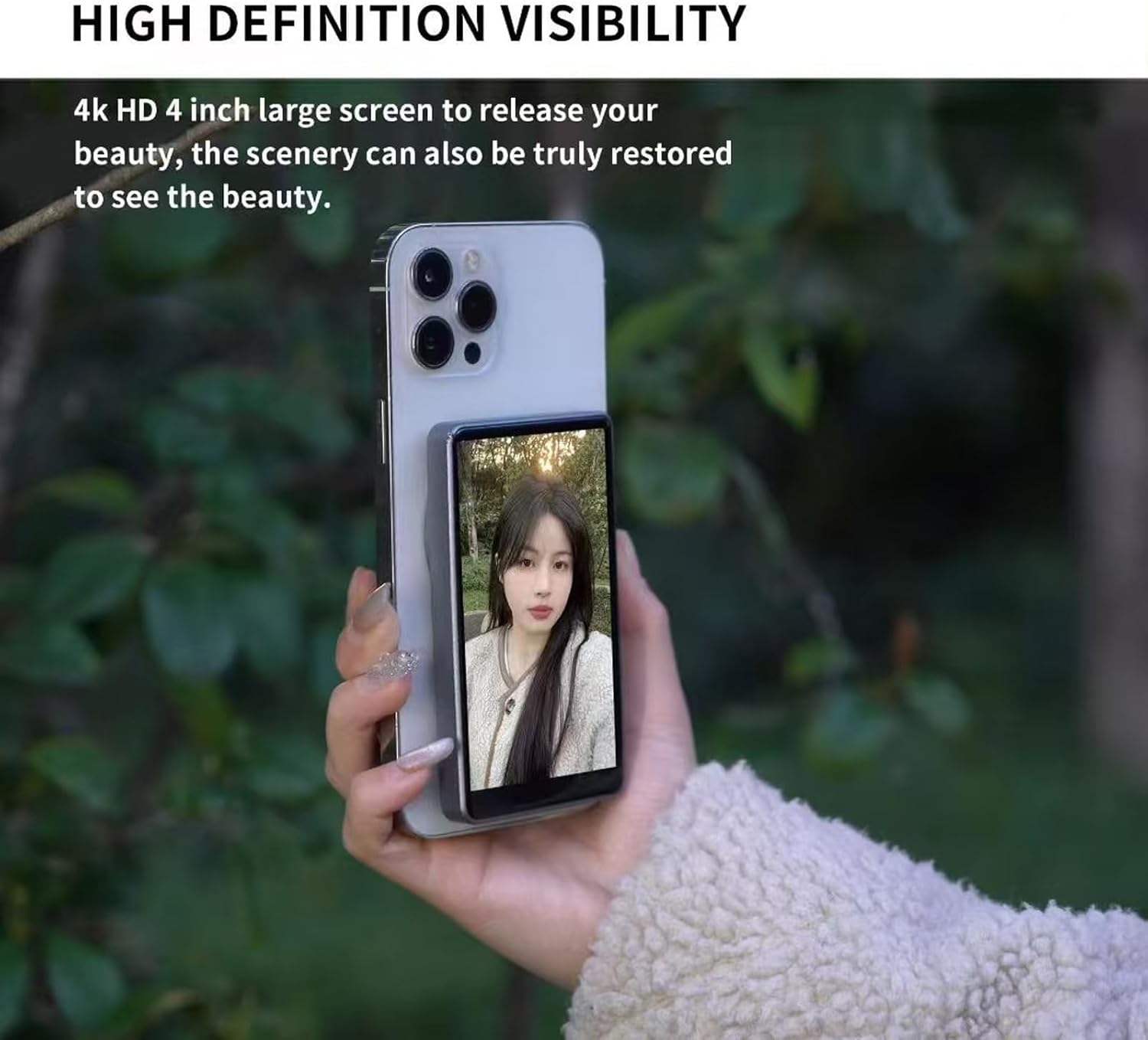 Vlog Selfie Monitor Schermo con Magnetico Telefono Cellulare Wireless Screen Casting Utilizzando Back Camera Monitor, Bassa Latenza, Facile Connessione, Selfie Vlog Live Stream per TikTok, YouTube,