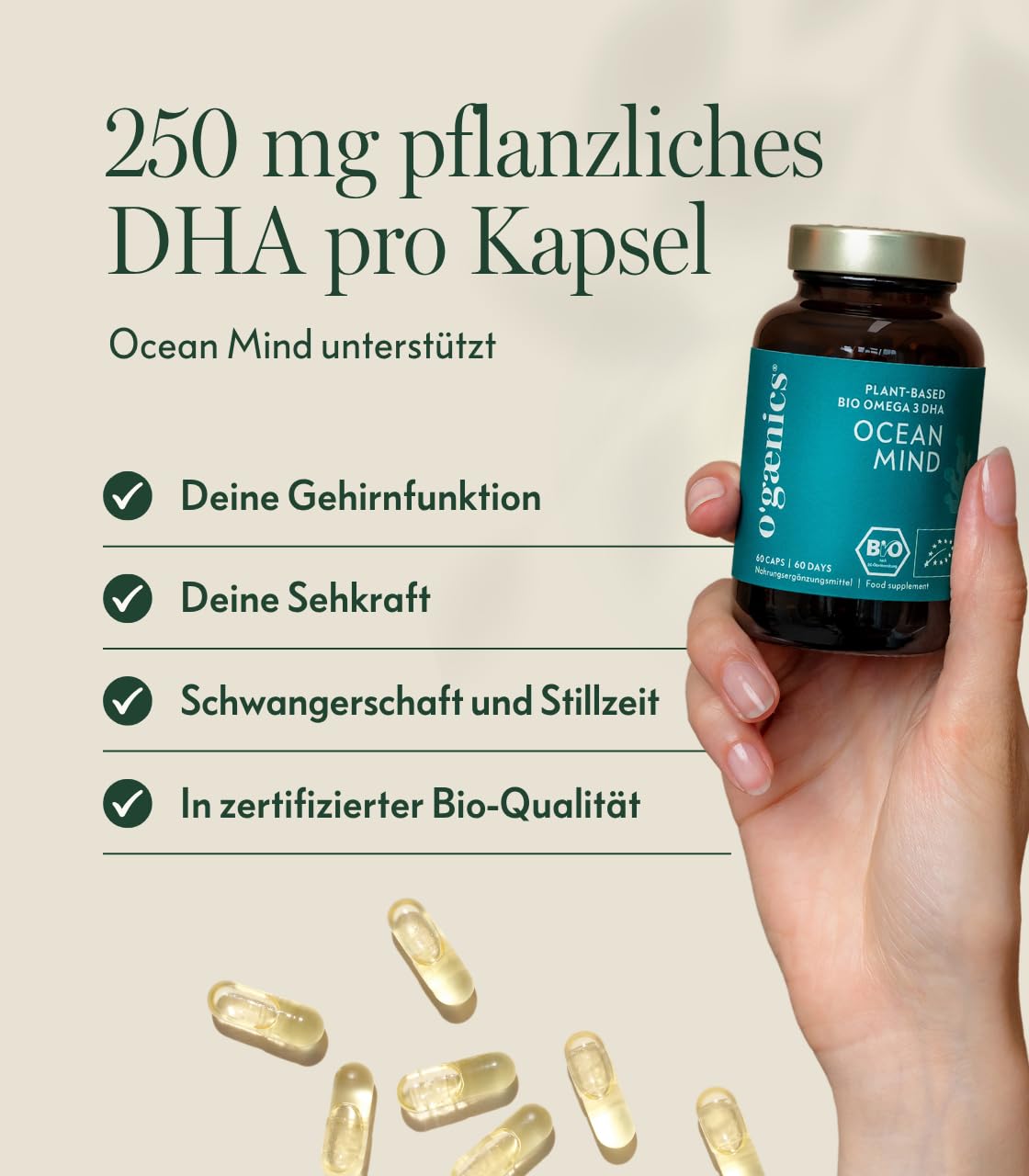 Ogaenics OCEAN MIND Bio Omega 3 DHA Kapseln aus Algen – 250 mg DHA pro Kapsel – veganes Algenöl als Alternative zu Fischöl – für Gehirn, Sehkraft, Schwangerschaft und Stillzeit - 60 Kapseln
