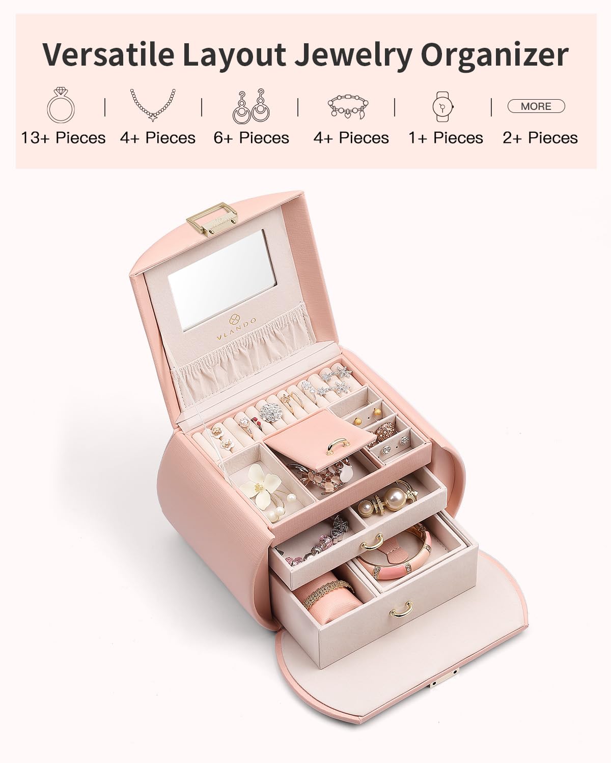 Joyero de diseño holandés, de VLANDO, con espejo y cajones, Rosa, rosa