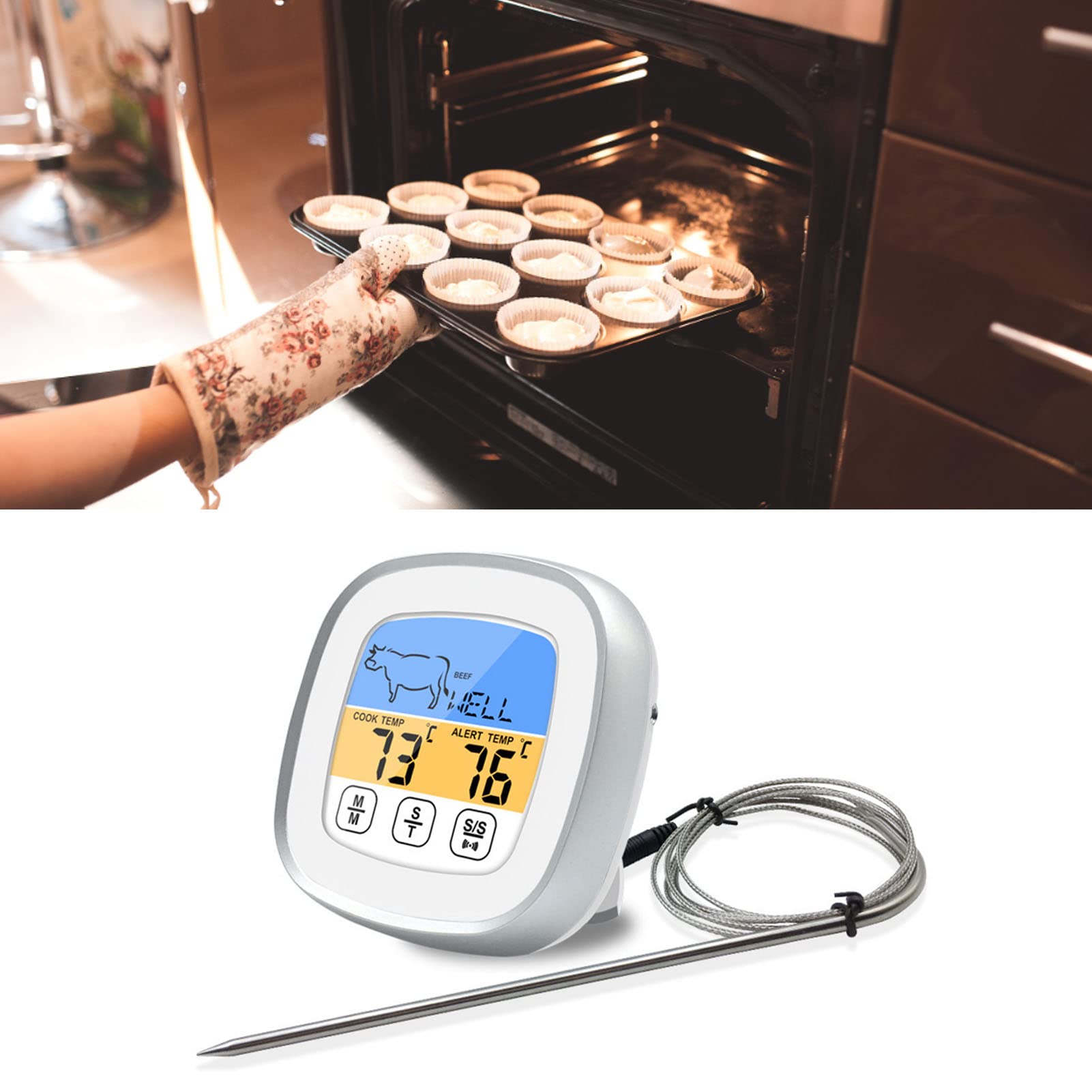Ejoyous Digitales Fleischthermometer, Edelstahl-Touchscreen-Lebensmittelthermometer mit Hintergrundbeleuchtung, Alarm-Timer, 8 Fleischvoreinstellungen und 5 Geschmacksstufen für Hobbyköche in der