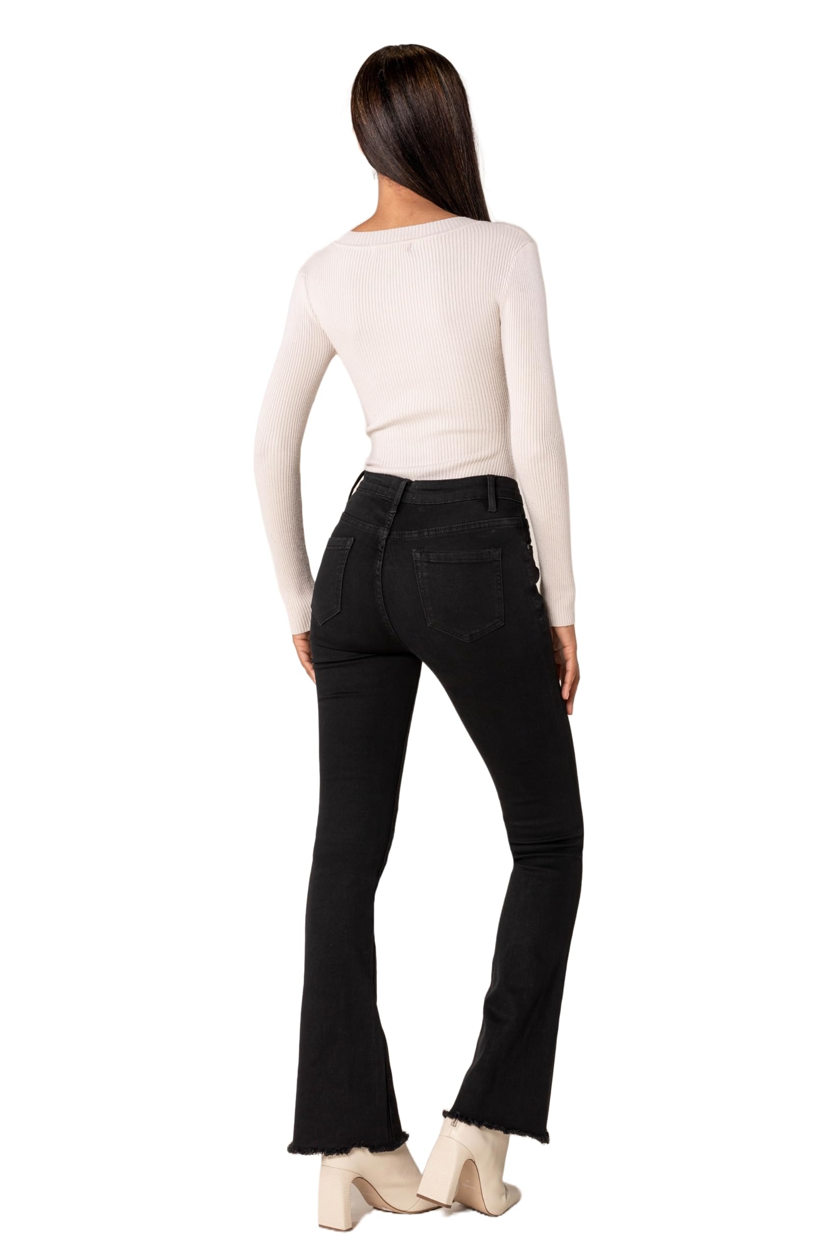 Nina Carter Jean bootcut pour femme, style rétro, taille moyenne, stretch, look usé, évasé