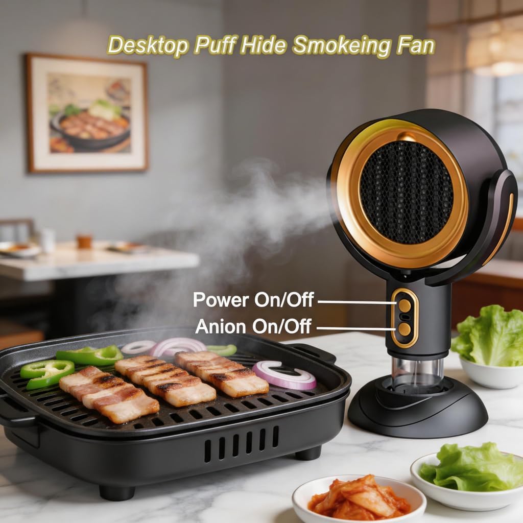 Portable Range Hood Smoke Eliminator Purifier Indoors Detachable Smokeout Fan for Indoor BBQ Hot Pot cooking Extractor Hood (Black-gold)