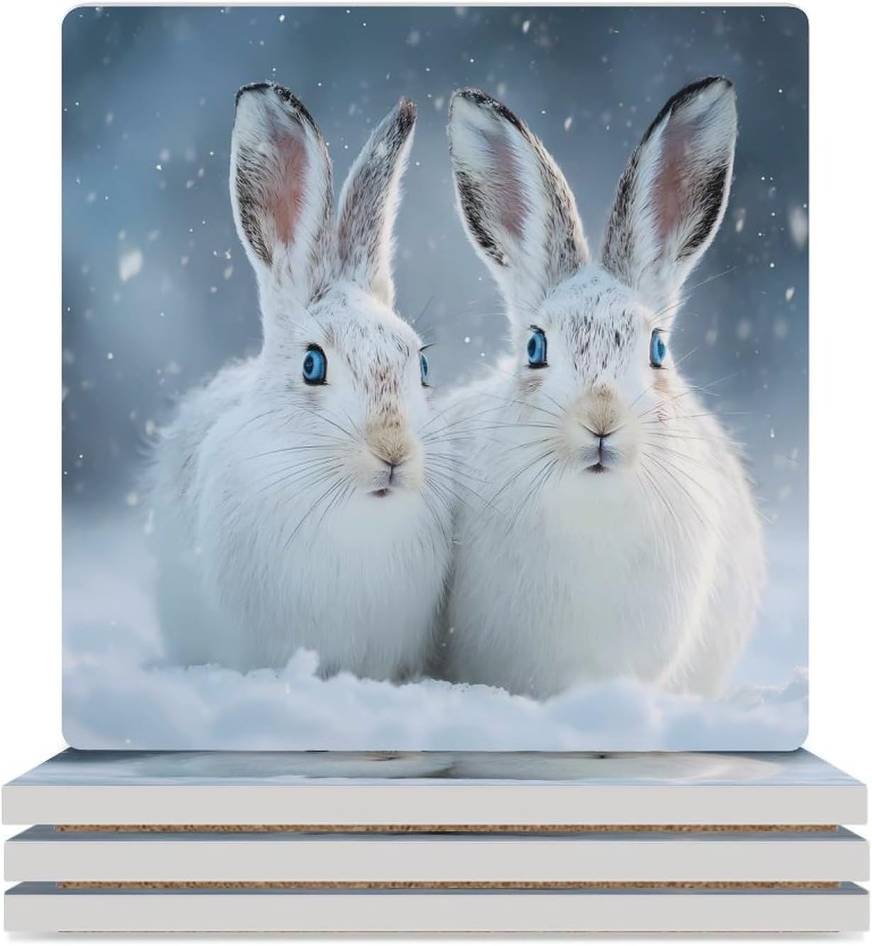 Christmas Winter Rabbits Coaster for Drinks Square Ceramic Table Coasters Stone Mat Crafts 4PCS Home Kitchen Decor