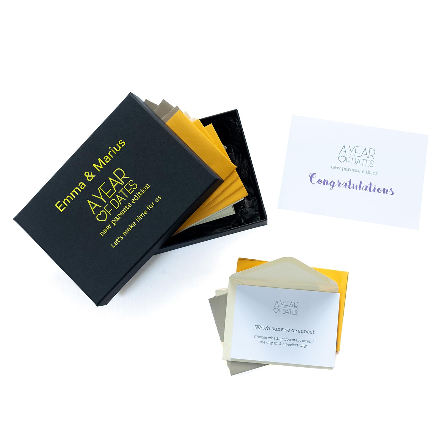A Year Of Dates Personalised New Parents Gift Box in yellow - 26 Activity Ideas for New Parents with Date Ideas, Family Days Out & Adventures with Baby – Gifts for Couples with Kids