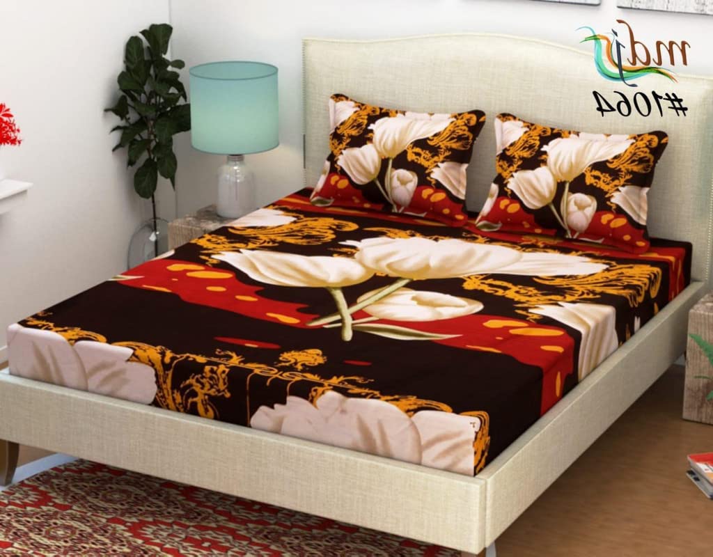 PCOTT Prime Collection 144TC 3D Printed Polycotton Double Bedsheet with 2 Pillow Covers (Multicolour, Size 87 x 87 Inch) - Coca Cola with White Flower 3D1-M