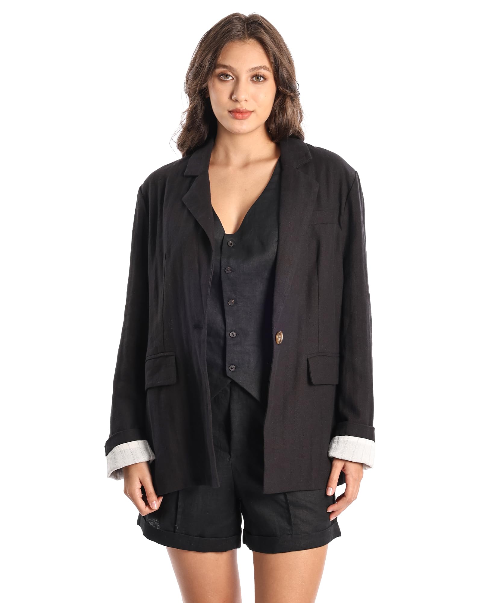 Womens Linen Blazer Shawl Collar Casual Office Jacket Single Button with Pockets