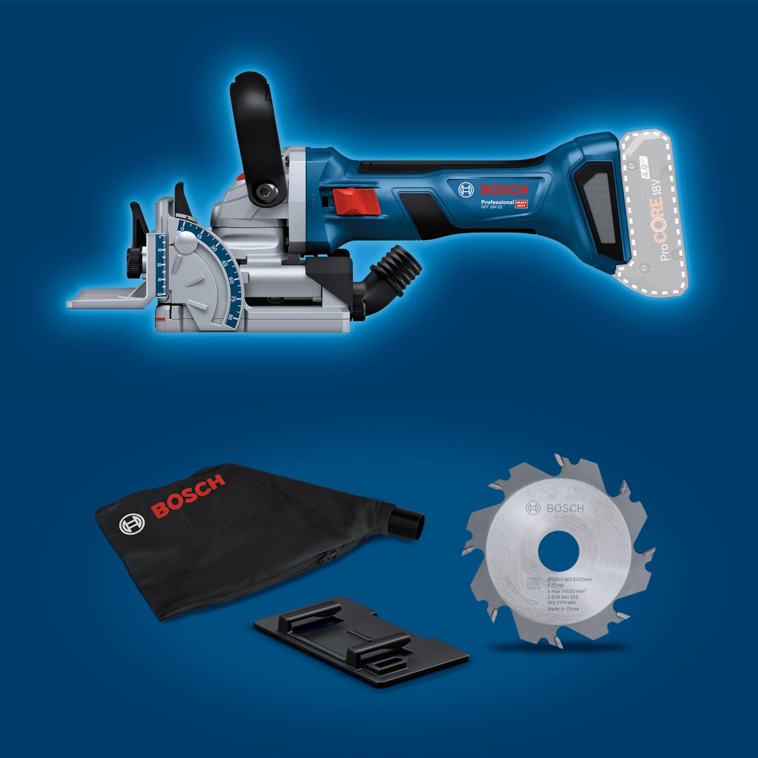 Bosch Professional 18V System Akku-Flachdübelfräse GFF 18V-22 (inkl. Scheibenfräser Ø 105 mm, Staubbeutel, Anklippscheibe, Zweilochmutterndreher, Einlage, L-BOXX, ohne Akku/Ladegerät)