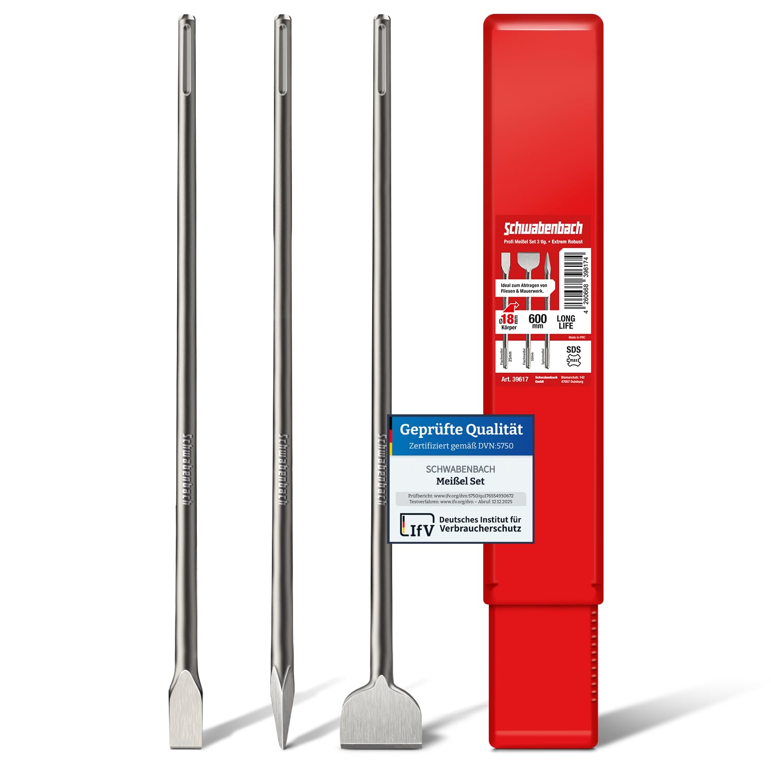 SCHWABENBACH® Set de Cinceles SDS Max 600 mm 3 Piezas | Cincel Plano 25 mm + Cincel Plano 50 mm + Cincel Puntero - Cincel Albañil - Cincel para Martillo Percutor - Cincel SDS