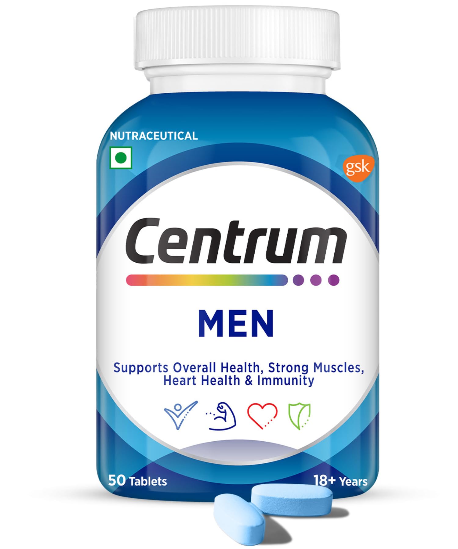 Centrum Men - Multivitamin Tablet for Men | With 23 Vital Nutrients including Zinc, Magnesium, Vitamin B, C, D, Calcium for Energy, Immunity, Muscles and Overall Health | Veg - 50 tablets
