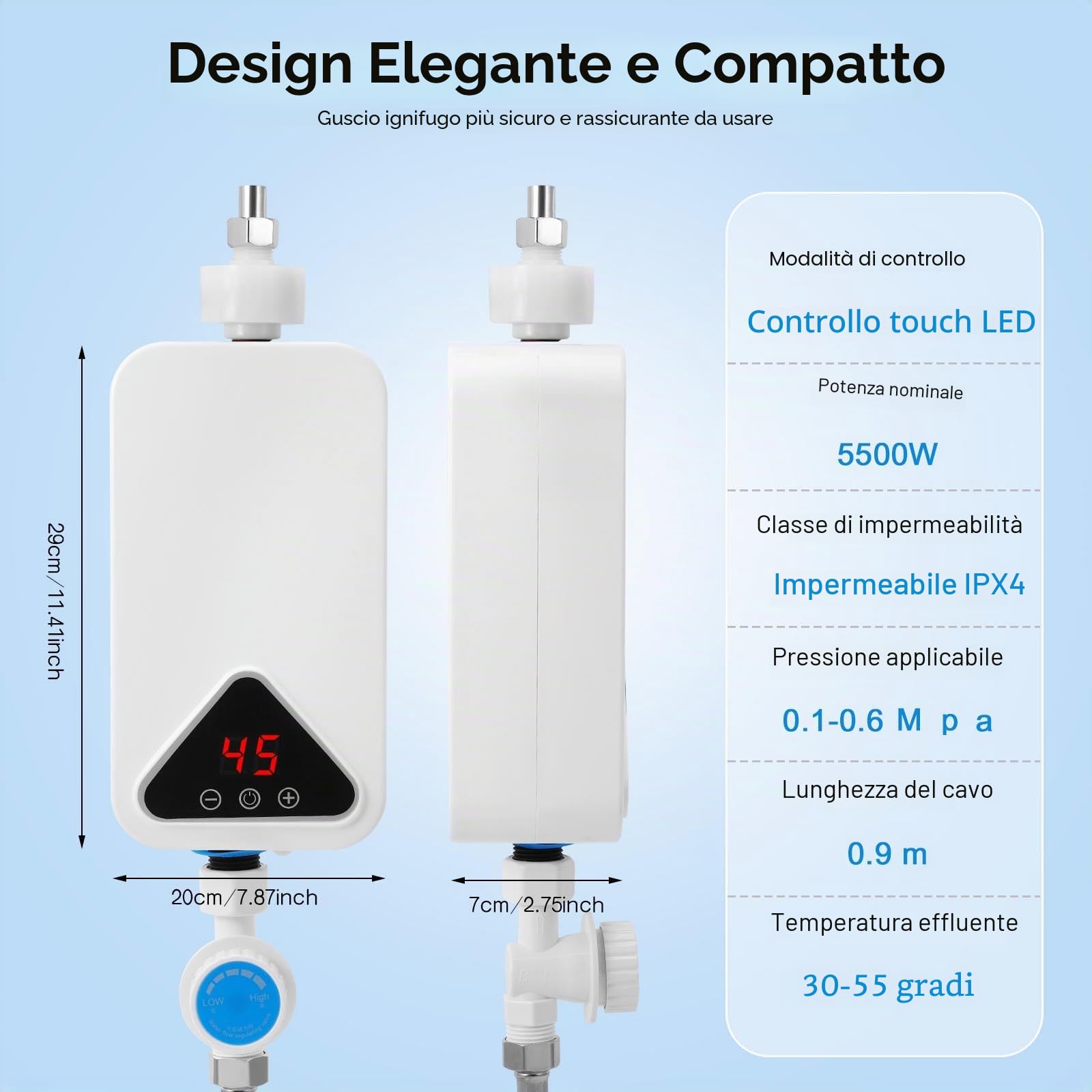 Scaldabagno Elettronico Istantaneo, 220 V 5500 W Mini Scaldabagno Istantaneo, 30-55 °C, Temperatura Regolabile, Mini Scalda Acqua Elettrico Istantaneo con Display a LED per Cucina e Bagno (RYK-009)