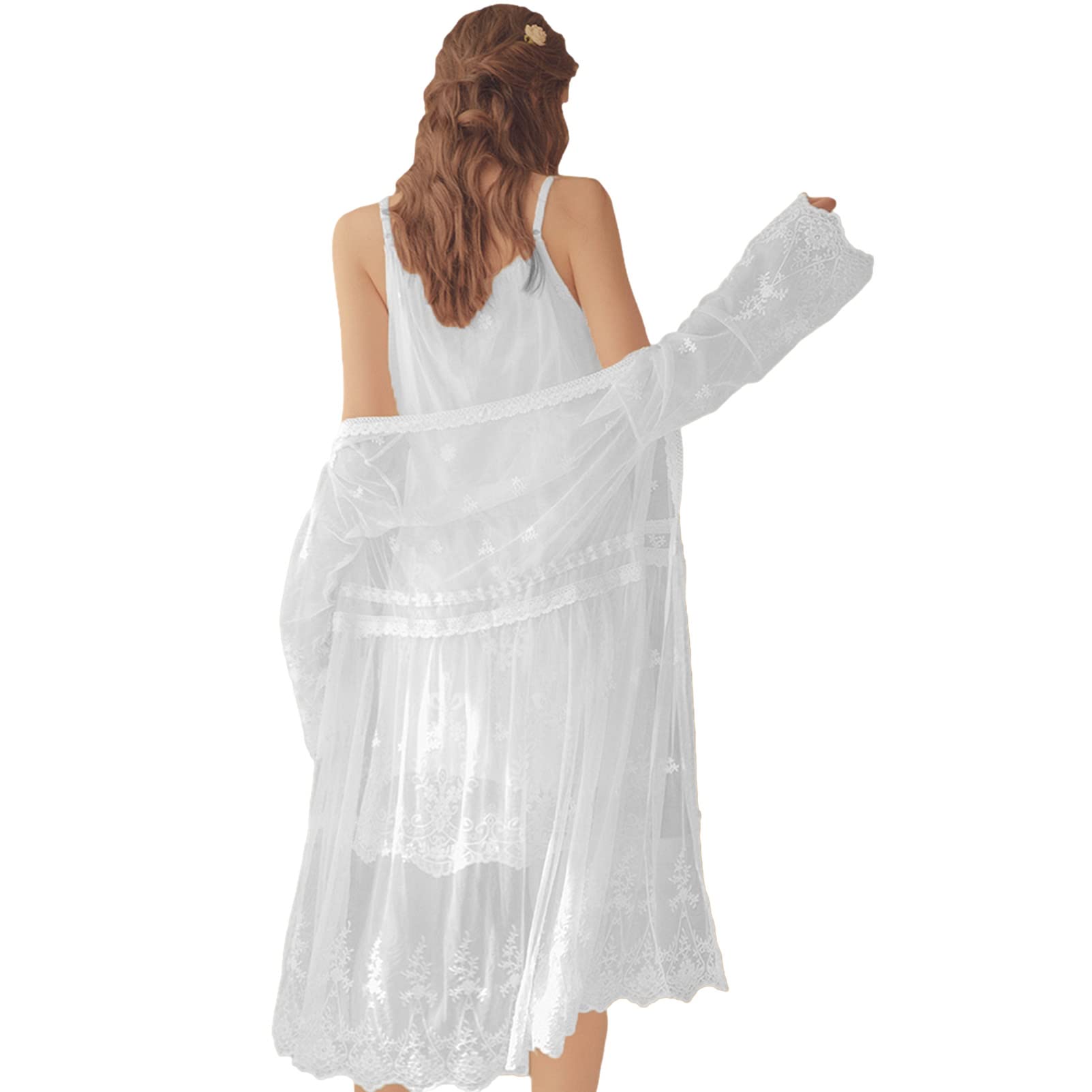 Donna 2 Pezzi retrò Set di Camicia da Notte con Scollo a V e con Cinturino Regolabili e Vestaglia Elegante Abbigliamento da Notte per Sposa Nozze Festa & Loungewear