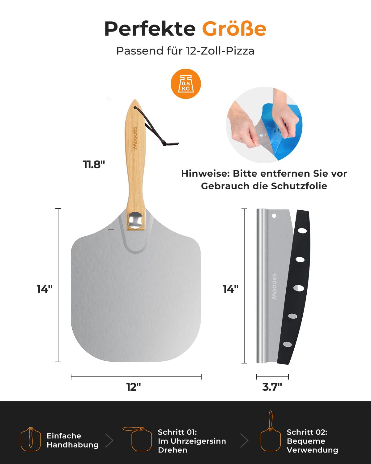 Mooues Kochlöffel Holz Set 10 Stück+ Pizzaschieber Aluminium mit Faltbarer Griff