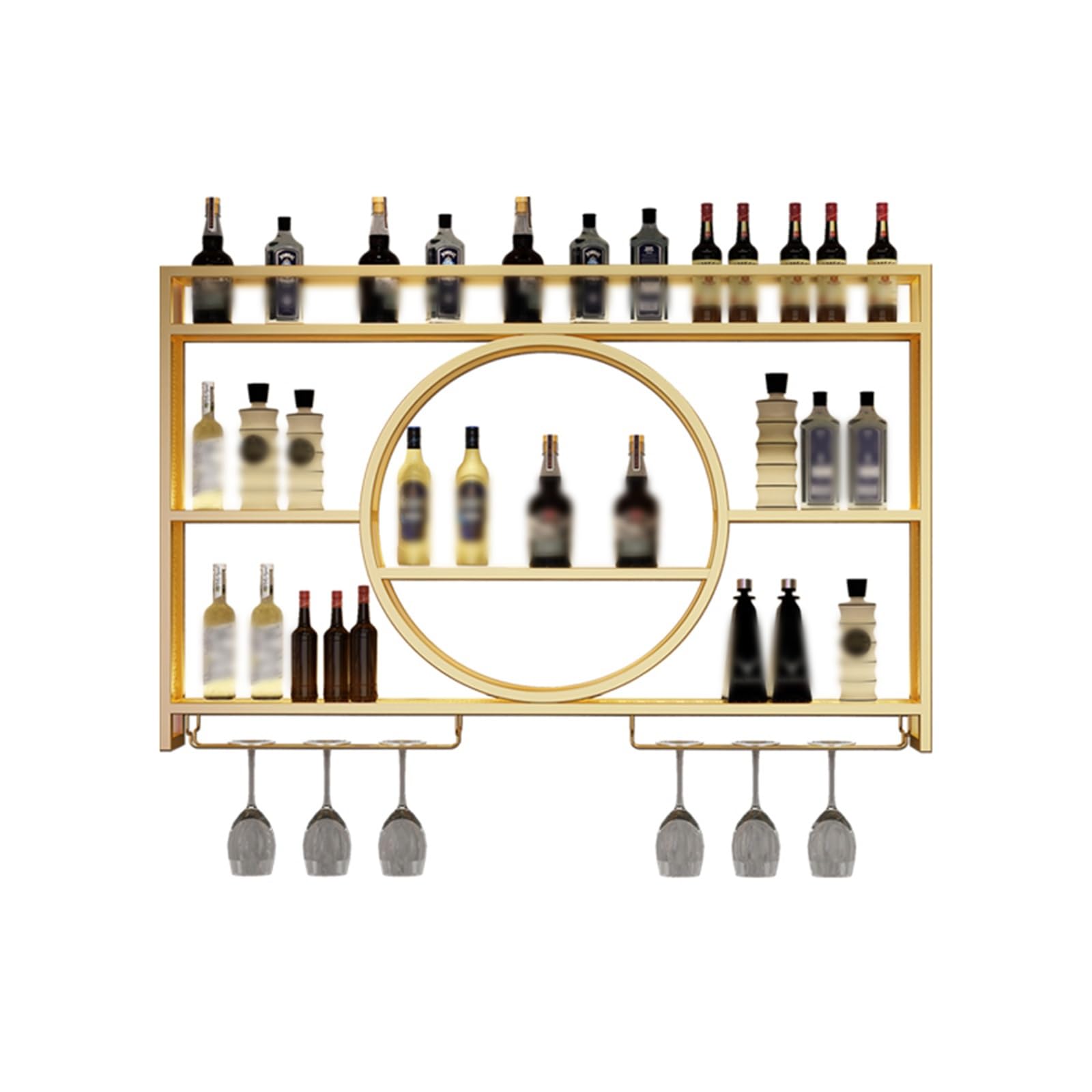 Estante de exhibición industrial montado en la pared con luz LED para botellas de vino, decoración dorada de cocina, bar