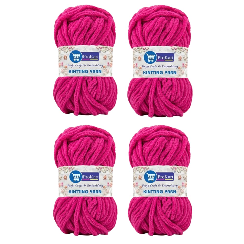 ProKart Premium Blankie Wool, Plush & Cuddly, Chenille Yarn Supersoft Hand Knitting Wool Ball | Blanket Thick/Mottu Yarn Ball Suitable for Hand Knitting and Crocheting for Baby, Adult, Sweaters, caps, Throws, Home Furnishing, Scarves, Blankets (Rani Pink, 100gms x 4 Pack)