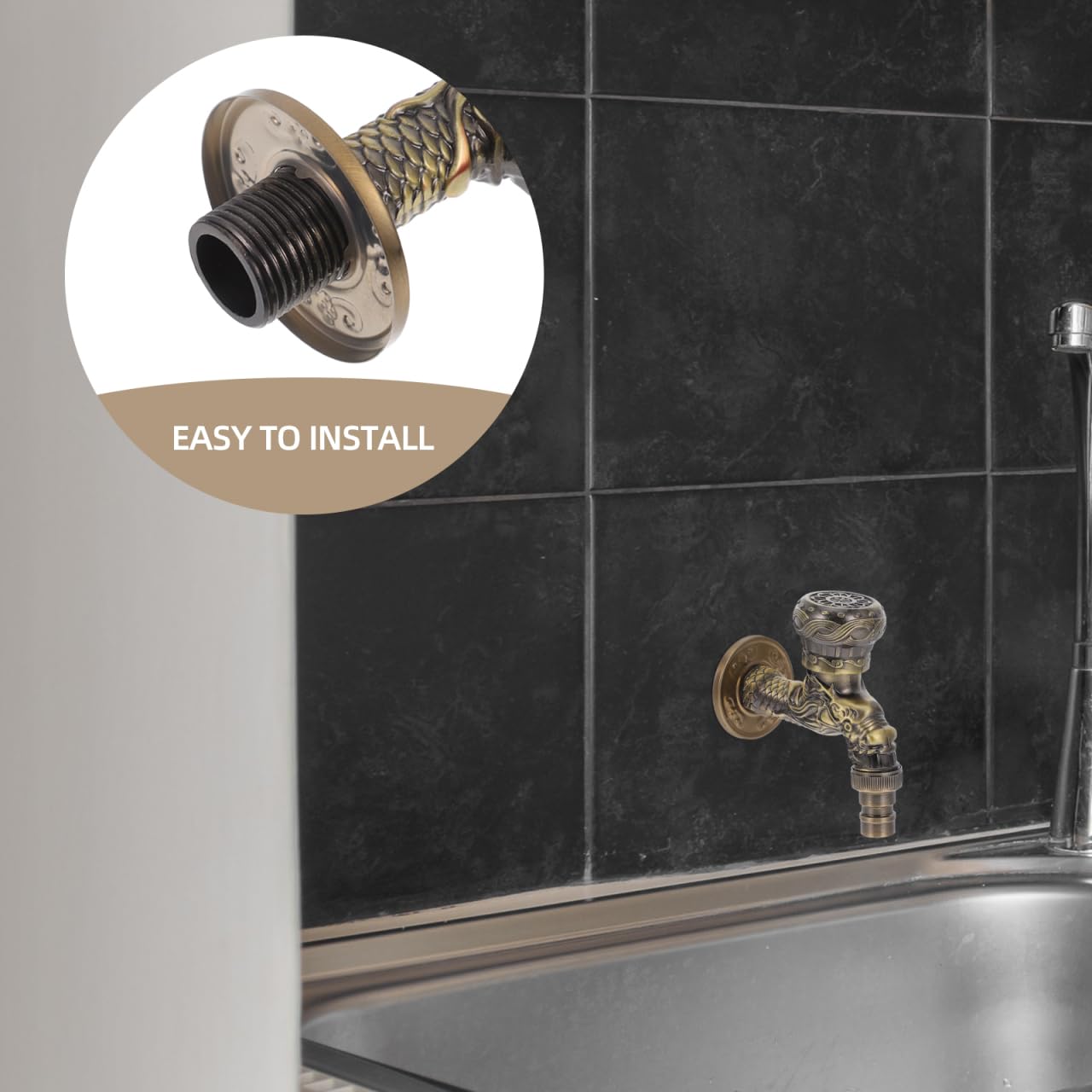 HOMSFOU Antique Brass Wall Mounted Tap Dragon Design Frostproof Water Tap Nozzle for Garden Kitchen Bathroom Traditional Basin Taps Indoor Outdoor - Image 4
