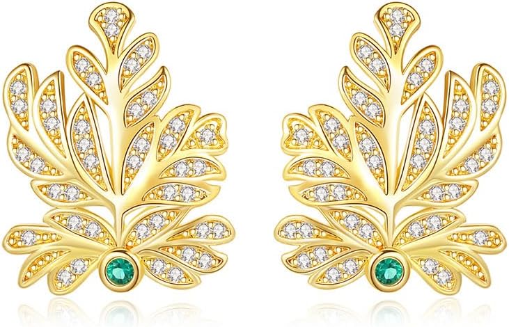 14K Gold Leaf Earrings for Women, Moissanite & Green Gemstone Studs, Nature-Inspired Fine Jewelry
