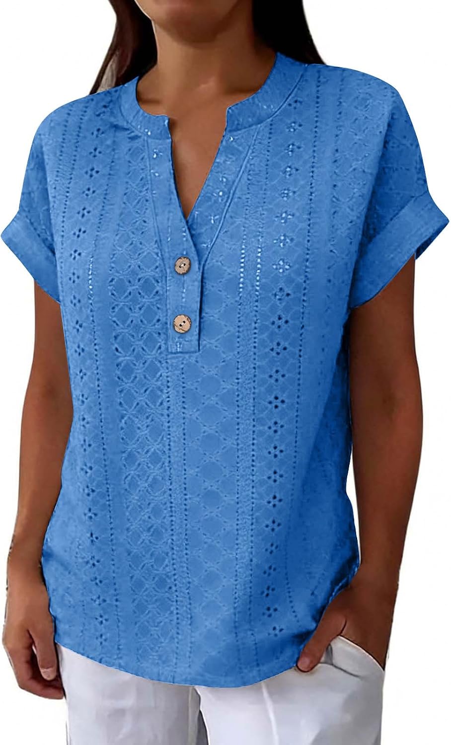 Casual V-Neck Tshirts for Women:Comfy Breathable Button Down Loose Fit Tee Boho Beach Blouses Workout Hiking