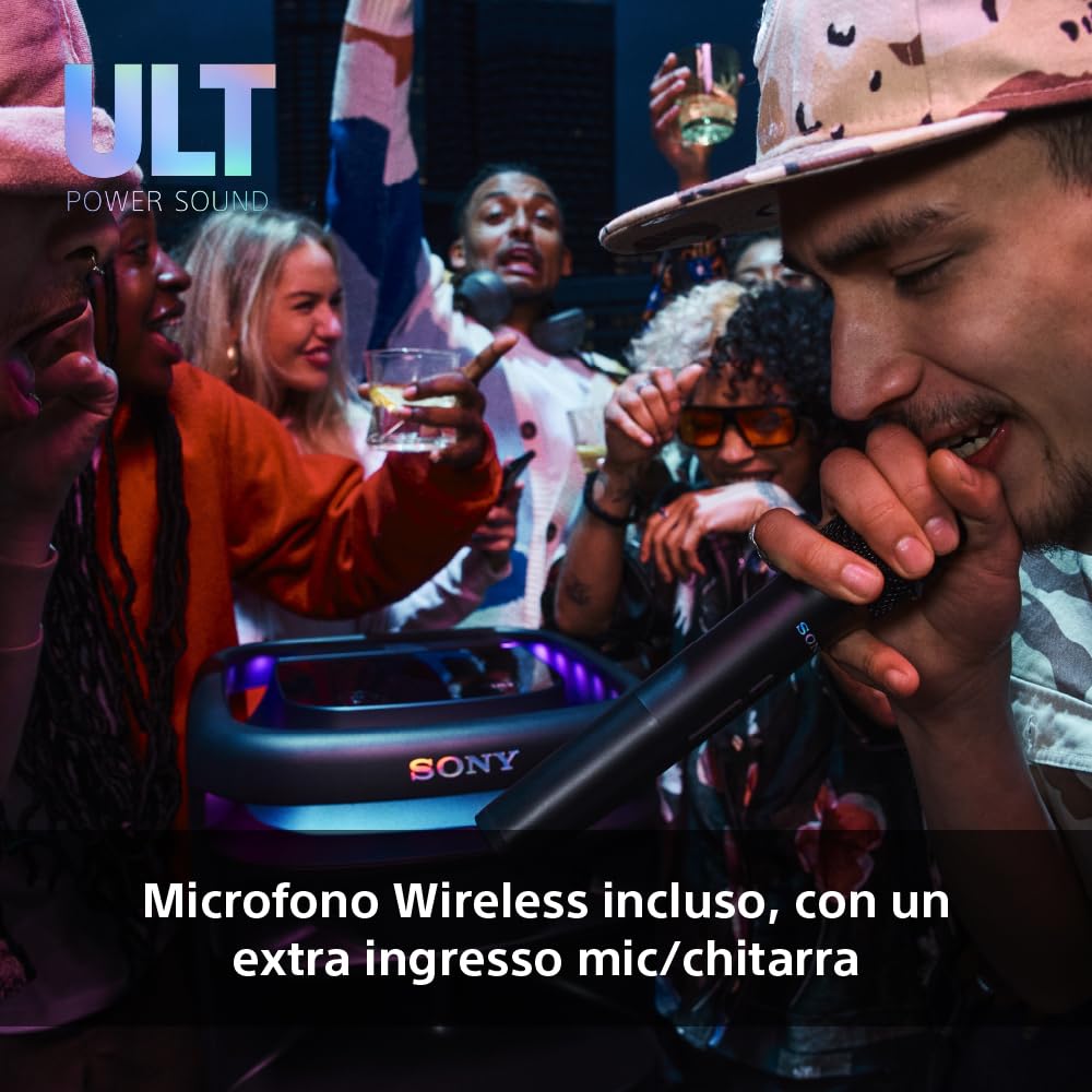 Sony ULT TOWER 10 - Altoparlante Bluetooth per feste con ULT POWER SOUND, bassi profondi, altoparlanti X-Balanced, luci a LED a 360 gradi, microfono wireless, portatile, con maniglia e ruote - Black