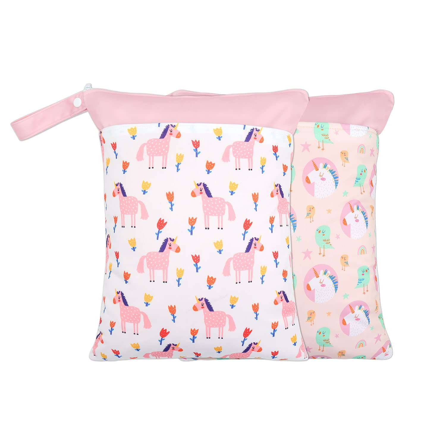 2 Pack Wet Dry Bags for Baby Diapers&Breast Pump Parts, Waterproof Reusable Wet Bag with Two Zipper Pockets, Beach Pool Gym Bag Stroller Yoga Toiletries Daycare Organizer, 11.8 inch x 15.7inch(Pink)