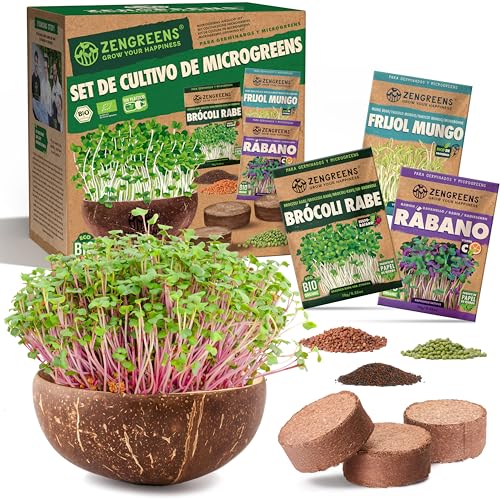 zengreens® Kit de germinador para microvegetales Eco - Starter Set de Microgreens - Incluye Bandeja de germinación, Discos de Fibra de Coco y Semillas para germinar (brocoli, rábano y Mungo)