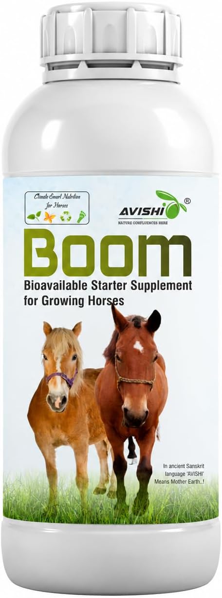 Avishi Boom for Growing Horses 1 Litre โ Bioavailable Starter Feed Supplement for Foals & Young Horses โ Supports Bone, Teeth & Muscle Development, Immunity & Stress Resilience