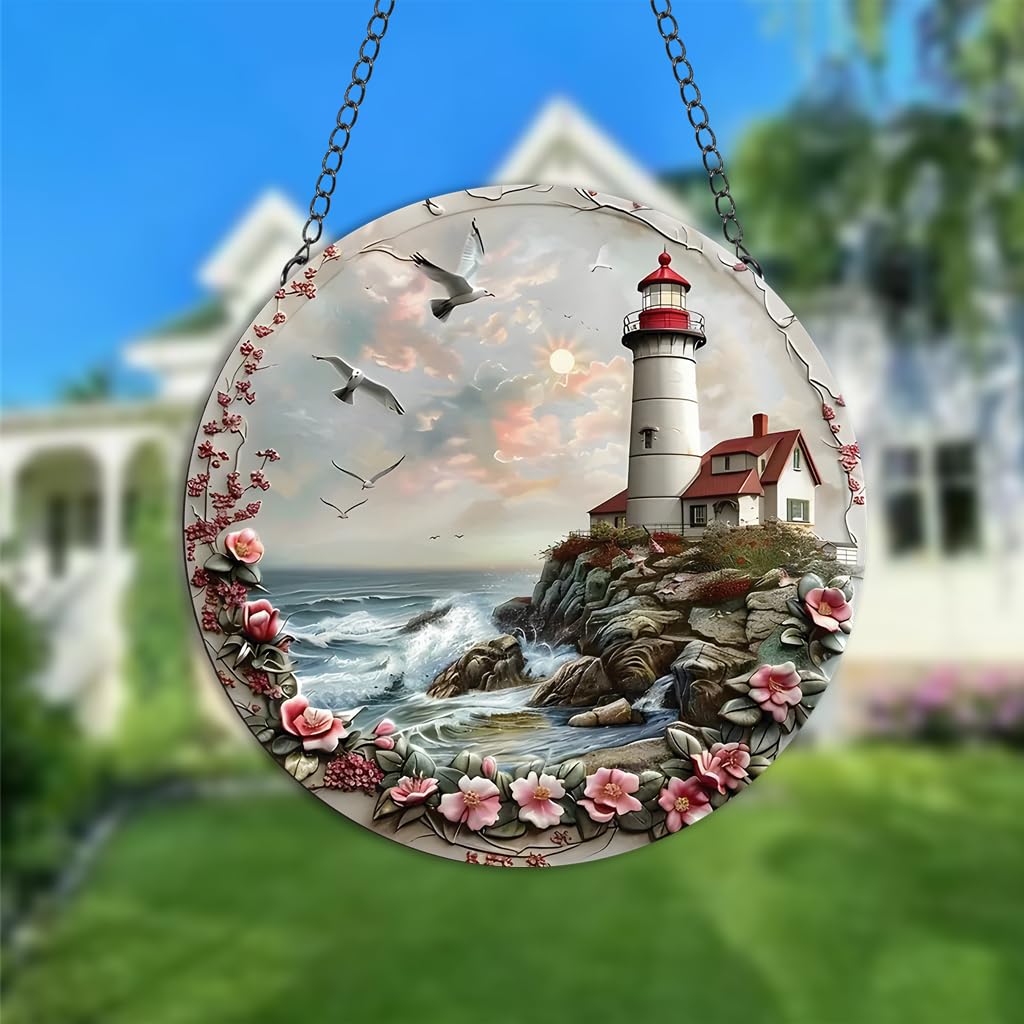 WOHAHA Lighthouse Acrylic Window Hanging Watchtower Seagulls Flower Stained Suncatchers for Window Acrylic Panels Bedroom Garden Kitchen Wall Decoration Gifts for Women Mom Grandma Teacher