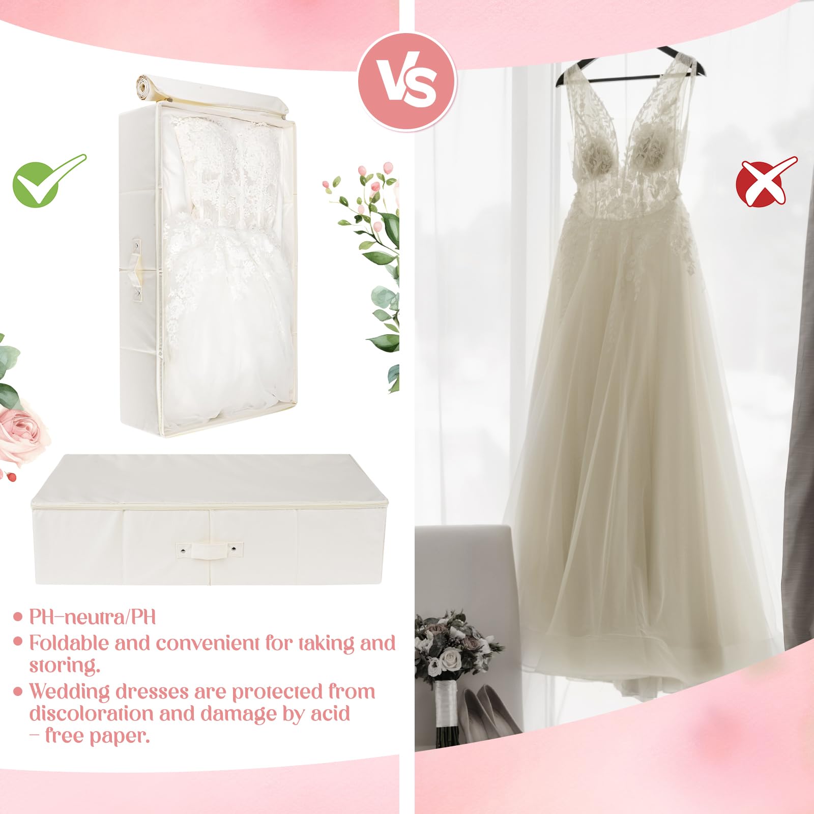 Scatola portaoggetti per abiti da sposa, scatola per conservare abiti da sposa, con 1 paio di guanti in microfibra e 20 fogli di carta velina priva di acidi, per conservare abiti da sposa,