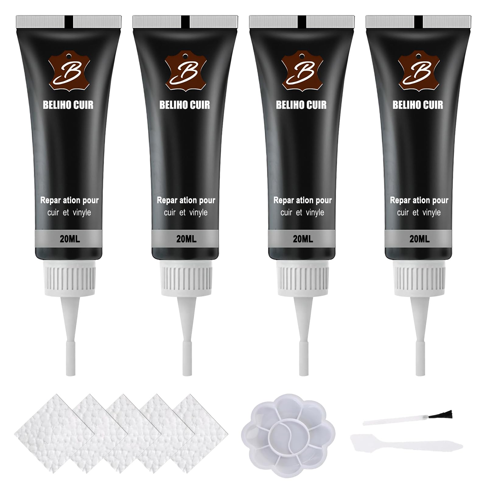 4 Pieza Reparador Cuero Negro 20ml Cuero Liquido, Liquido Reparador Negro para Muebles, Asientos de Coche Sofá Chaqueta Zapatos Cartera Cinturón Abrigos con 8 Accesorios