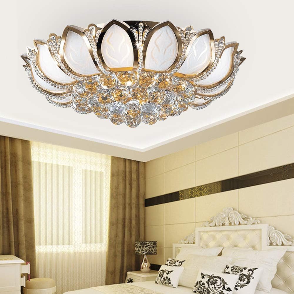 Lampa sufitowa Lotus Crystal – żyrandol wpuszczany w sufit, z pilotem, ze złotymi płatkami LED, do sypialni i jadalni