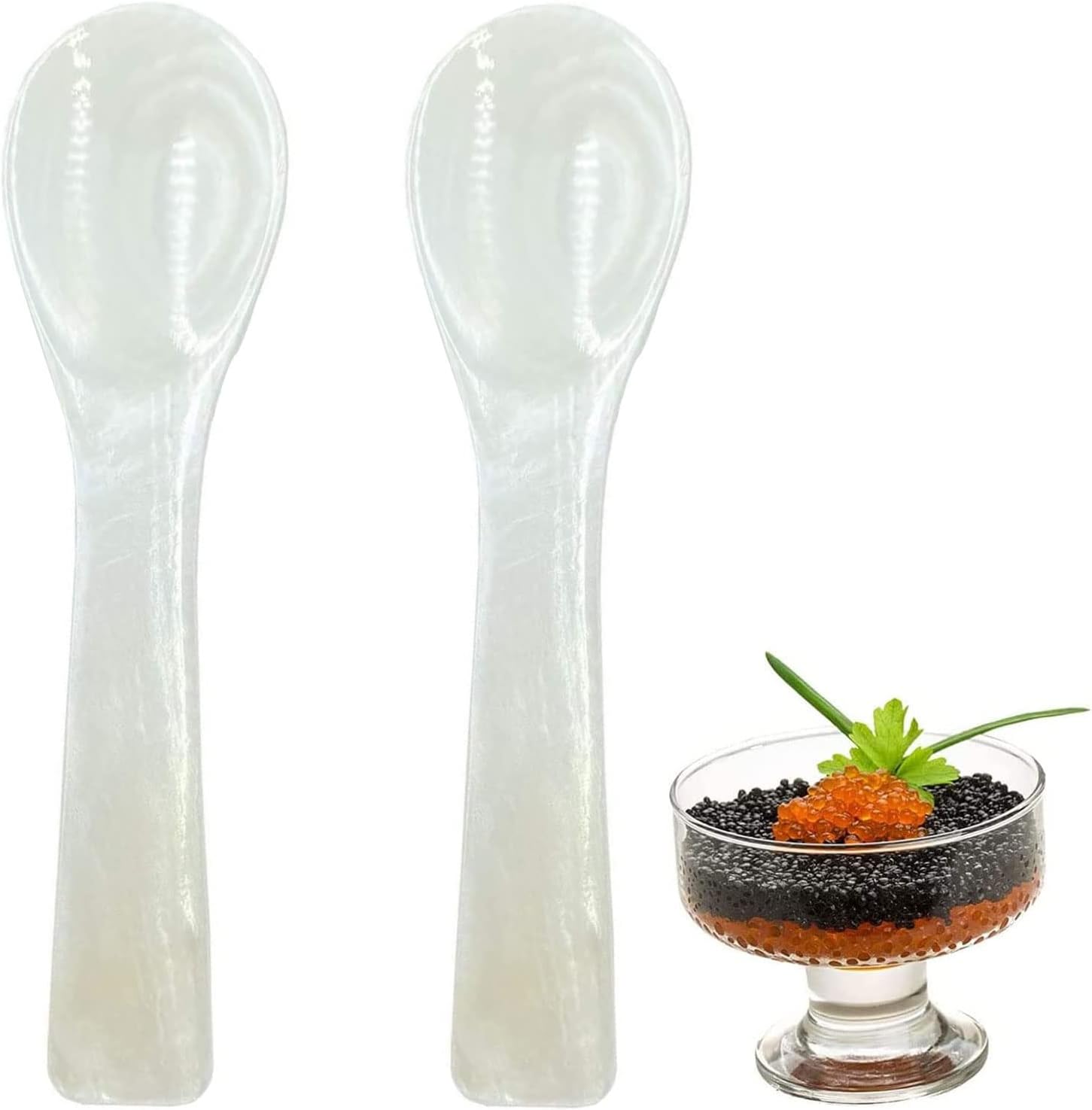 Excefore Caviar Spoons Set, 2 Pieces Ice Cream Scoops, White Mother Of Pearl Spoon With Round Handle For Caviar, Egg, Coffee Serving, Cream, Restaurant Serving Set (3.54 Inches)