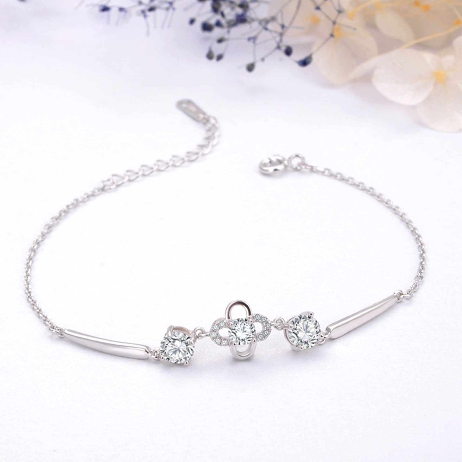 Frauen Mädchen Armband 925, einfache, Aber Elegante, glückliche Vier-Blatt-Klee-Armreifen, einstellbare Handverbindung, Kettenerweiterung