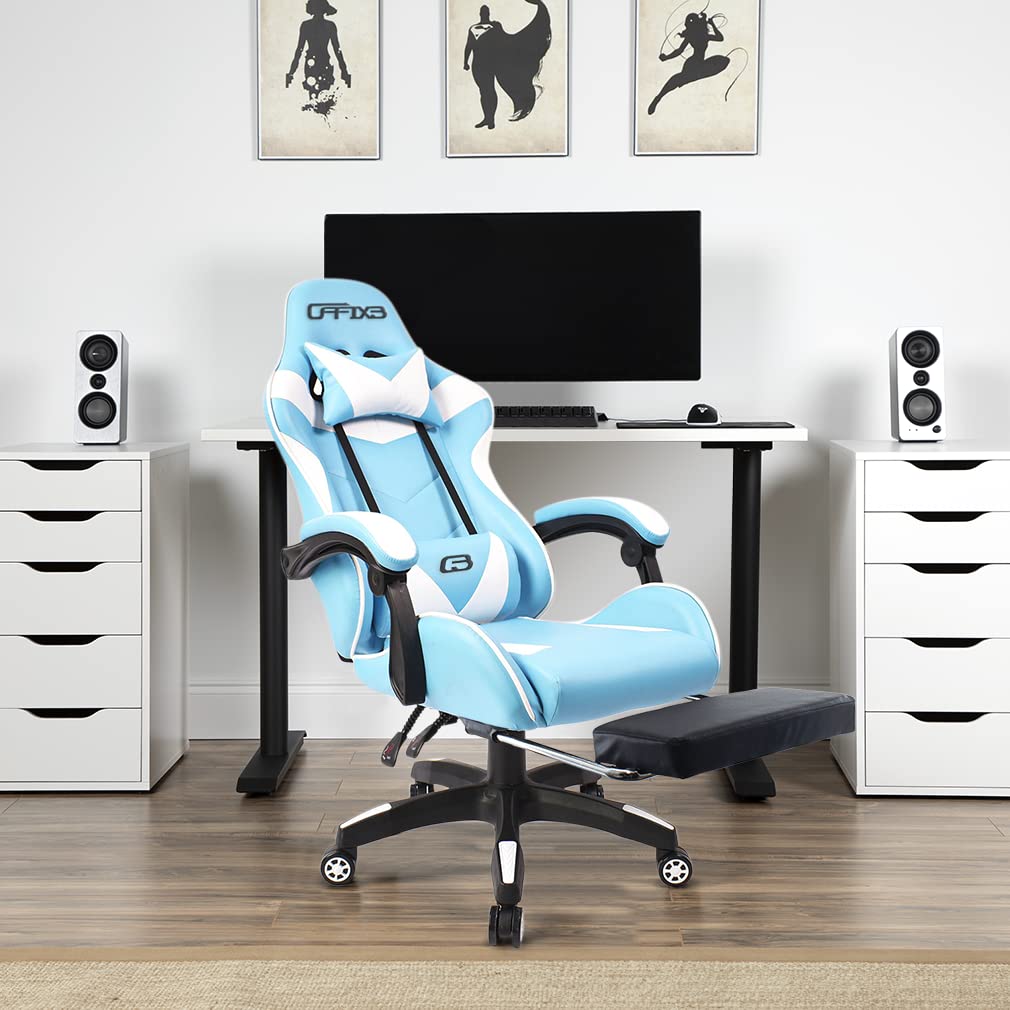 Mediawave Store - Sedia da Gaming Ergonomica, da Ufficio AZRACE in Ecopelle con Poggiapiedi Poltrona Sedile Sport di Lusso, con Braccioli e Poggiatesta Cuscino Lombare, Sedia PC (Azzurro)